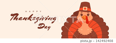 happy thanksgiving day horizontal banner vector illustration with single turkey 142492408