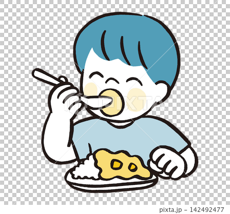 一個男孩用湯匙吃咖哩飯 | 兒童食品教育、膳食和日常生活的向量插圖。 一個男孩用湯匙吃咖哩飯 | 兒童食品教育、膳食和日常生活的向量插圖。 142492477