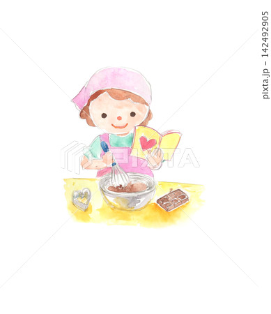 チョコレートを手作りする女の子の水彩イラストーバレンタインデー チョコレートを手作りする女の子の水彩イラストーバレンタインデー 142492905