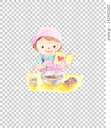 チョコレートを手作りする女の子の水彩イラストーバレンタインデー チョコレートを手作りする女の子の水彩イラストーバレンタインデー 142492905