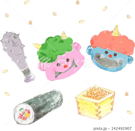 節分の鬼と福豆と恵方巻の水彩イラストセット 142492907
