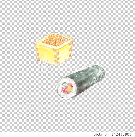 水彩插畫,描繪了江方卷(吉祥方向壽司卷)和幸運豆。 水彩插畫,描繪了江方卷(吉祥方向壽司卷)和幸運豆。 142492909