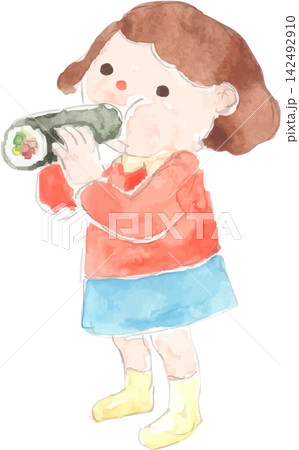 恵方巻を食べる女の子の水彩イラスト 142492910