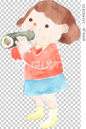 一幅水彩插圖,描繪了一個女孩在吃江方卷(一種在節分時食用的壽司卷)。 一幅水彩插圖,描繪了一個女孩在吃江方卷(一種在節分時食用的壽司卷)。 142492910