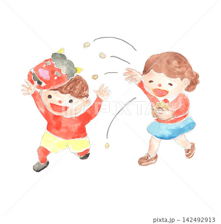 節分で福豆を投げて遊ぶ子供のイラスト 142492913
