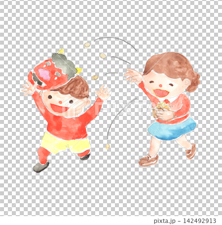 節分で福豆を投げて遊ぶ子供のイラスト 142492913