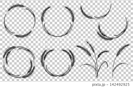 A set of circular frames featuring hand-drawn wheat stalks, in monochrome. A set of circular frames featuring hand-drawn wheat stalks, in monochrome. 142492925