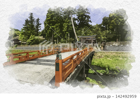 水彩画風 出雲国一之宮 熊野大社 神橋 島根県松江市 水彩画風 出雲国一之宮 熊野大社 神橋 島根県松江市 142492959