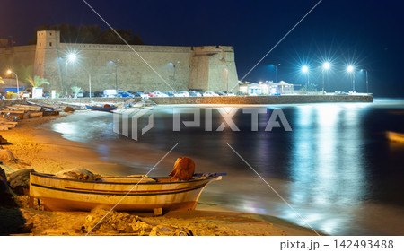 Evening view of the high walls of the Kasbah (fortress) from Hammamet harbor, Tunisia 142493488