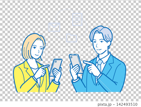 Male and female business professionals who use smartphones to share data and communicate. Male and female business professionals who use smartphones to share data and communicate. 142493510