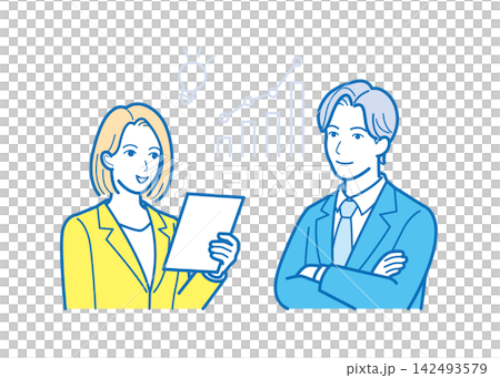 Male and female business professionals proposing and discussing ideas while showing documents. Male and female business professionals proposing and discussing ideas while showing documents. 142493579