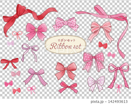 Hand-drawn illustration of a red ribbon, watercolor style illustration set Hand-drawn illustration of a red ribbon, watercolor style illustration set 142493613