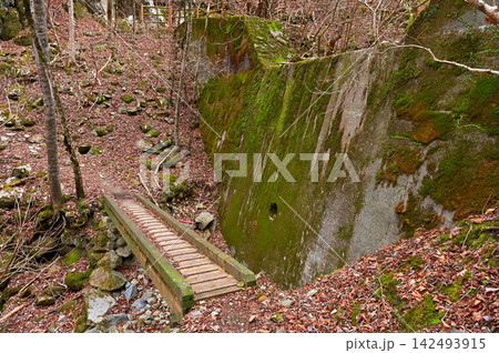 伊豆半島の伊豆山稜線歩道 天城山隧道付近の堰堤の登山道 伊豆半島の伊豆山稜線歩道 天城山隧道付近の堰堤の登山道 142493915