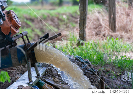 Motorized water pump discharging strong stream into rural field for agricultural irrigation drainage crop water management 142494195
