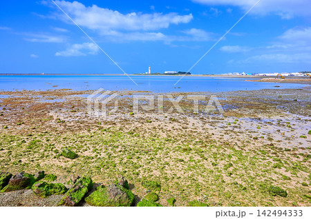 沖縄県豊見城市　瀬長島ウミカジテラスの浜辺から眺める那覇空港の管制塔 142494333