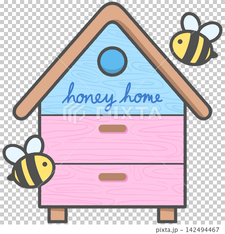 Cute cartoon wooden beehive house with flying honey bees Cute cartoon wooden beehive house with flying honey bees 142494467