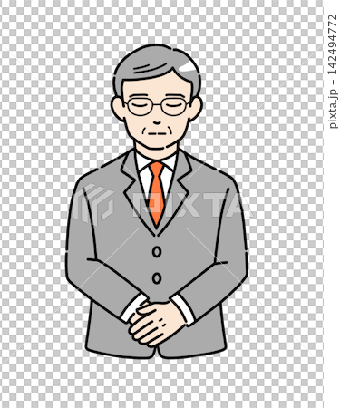Illustration of a senior man in a suit bowing with his hands clasped (2) 142494772
