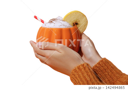 Warm hands cradle colorful pumpkin-shaped cup filled with frothy beverage, PNG Warm hands cradle colorful pumpkin-shaped cup filled with frothy beverage, PNG 142494865