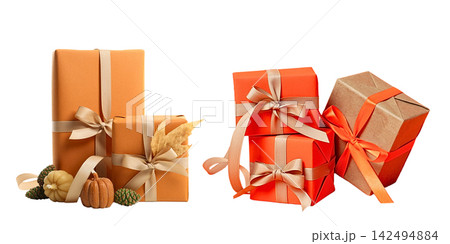 Presents in warm autumn hues are arranged with decorative accents, PNG 142494884