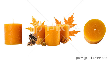 Candles glow with colorful leaves, bringing warmth to fall festivities, PNG 142494886