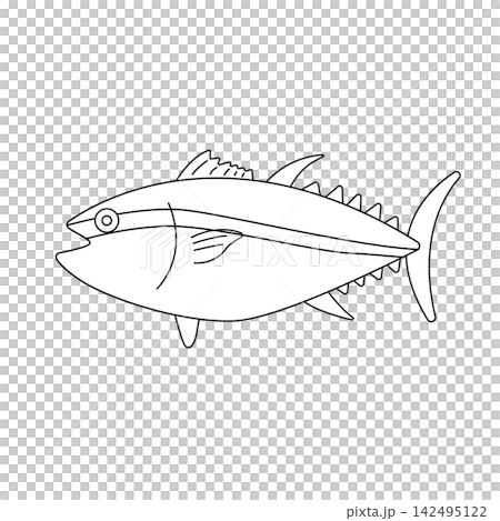 A monochrome outline of a tuna and fresh seafood. A monochrome outline of a tuna and fresh seafood. 142495122