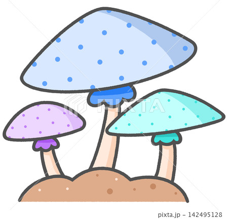Cute cartoon mushrooms growing in soil cluster 142495128