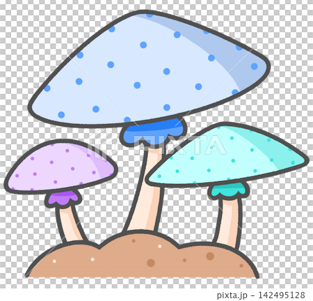 Cute cartoon mushrooms growing in soil cluster 142495128