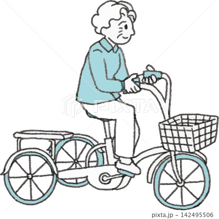 大人用三輪車に乗るシニア女性の2色イラスト 142495506