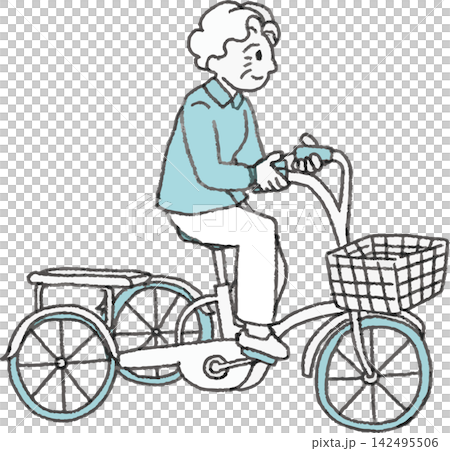 大人用三輪車に乗るシニア女性の2色イラスト 142495506