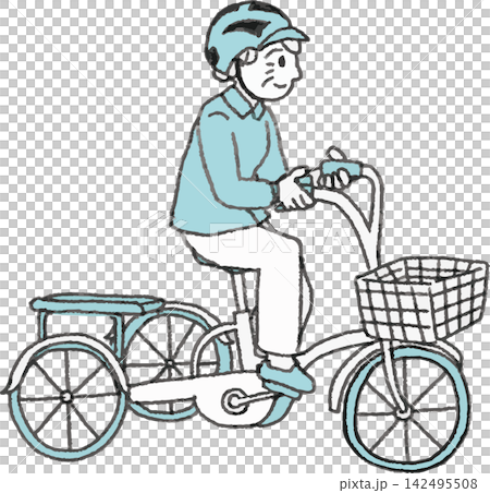 A two-color illustration of a senior woman wearing a bicycle helmet and riding an adult tricycle. A two-color illustration of a senior woman wearing a bicycle helmet and riding an adult tricycle. 142495508
