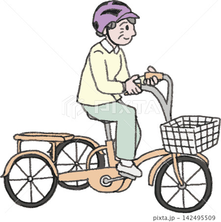 自転車用ヘルメットを着用して大人用三輪車に乗るシニア女性のフルカラーイラスト 自転車用ヘルメットを着用して大人用三輪車に乗るシニア女性のフルカラーイラスト 142495509
