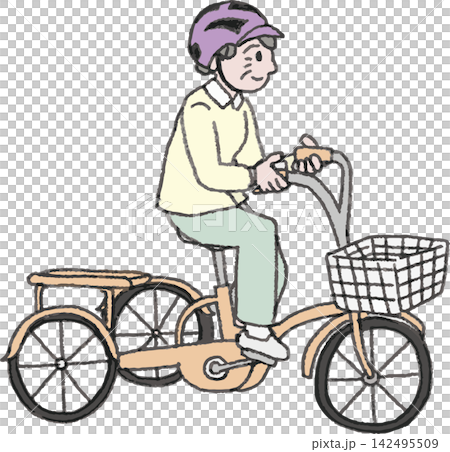 一幅全彩插圖，描繪了一位戴著自行車頭盔、騎著成人三輪車的老婦人。 142495509