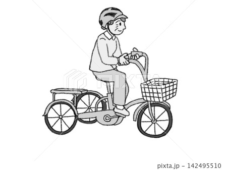 自転車用ヘルメットを着用して大人用三輪車に乗るシニア女性の白黒イラスト 自転車用ヘルメットを着用して大人用三輪車に乗るシニア女性の白黒イラスト 142495510