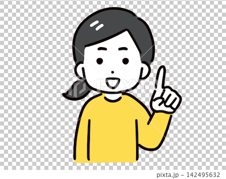 A young woman with a simple face and casual clothes is smiling and introducing something while holding up her index finger. A young woman with a simple face and casual clothes is smiling and introducing something while holding up her index finger. 142495632