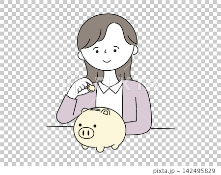 A woman who puts money in a piggy bank A woman who puts money in a piggy bank 142495829