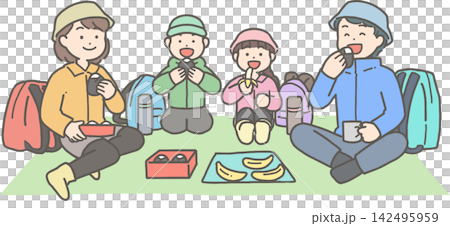 登山・ハイキングで昼食を食べる家族 登山・ハイキングで昼食を食べる家族 142495959