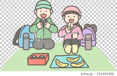 A boy and a girl eating lunch while hiking. A boy and a girl eating lunch while hiking. 142495960