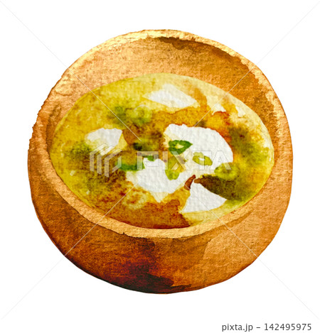 豆腐とわかめの味噌汁 木椀 水彩手描き 豆腐とわかめの味噌汁 木椀 水彩手描き 142495975