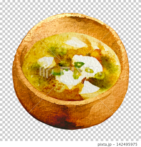 豆腐とわかめの味噌汁 木椀 水彩手描き 豆腐とわかめの味噌汁 木椀 水彩手描き 142495975