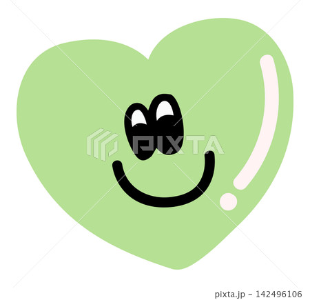 Illustration of happy green heart for sticker, tattoo, fabric print, decoration, love icon, Valentine's Day, card, sign, symbol, February, pin, pimple patch, brooch, cartoon, character, standee, comic 142496106