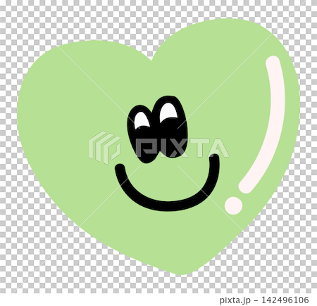 Illustration of happy green heart for sticker, tattoo, fabric print, decoration, love icon, Valentine's Day, card, sign, symbol, February, pin, pimple patch, brooch, cartoon, character, standee, comic 142496106