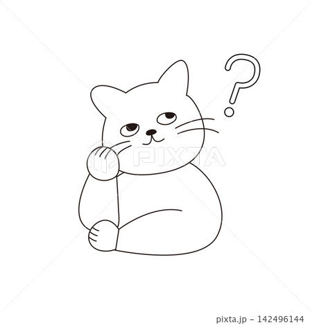 疑問を持つかわいい猫のキャラクターとクエスチョンマークの線画 142496144
