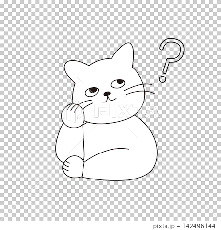 疑問を持つかわいい猫のキャラクターとクエスチョンマークの線画 142496144