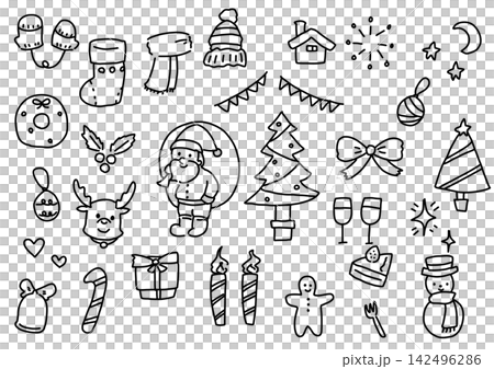 Hand-drawn Christmas illustration: Cute Santa, Christmas tree, reindeer, black and white vector illustration. Hand-drawn Christmas illustration: Cute Santa, Christmas tree, reindeer, black and white vector illustration. 142496286