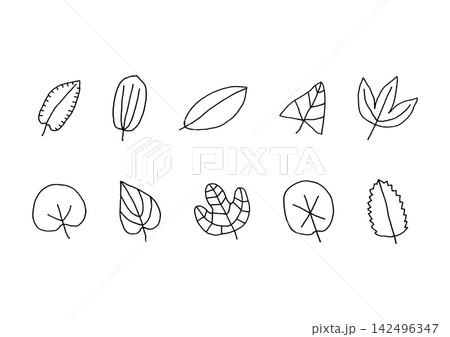 色々な形の葉っぱのナチュラルな線画イラストセット1（黒） 142496347