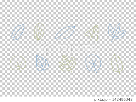 色々な形の葉っぱのナチュラルな線画イラストセット1(青・緑) 色々な形の葉っぱのナチュラルな線画イラストセット1(青・緑) 142496348