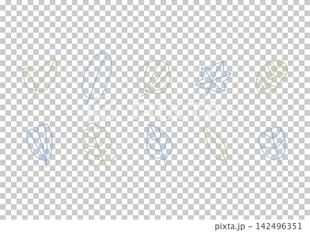 A set of natural line art illustrations of various leaf shapes (blue and green) A set of natural line art illustrations of various leaf shapes (blue and green) 142496351