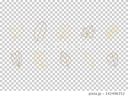 A set of natural line art illustrations of various leaf shapes (brown and yellow) A set of natural line art illustrations of various leaf shapes (brown and yellow) 142496352