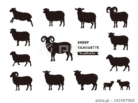 羊のシルエット14種セット(子羊・角のある雄羊・横向き・歩く姿) 羊のシルエット14種セット(子羊・角のある雄羊・横向き・歩く姿) 142497069
