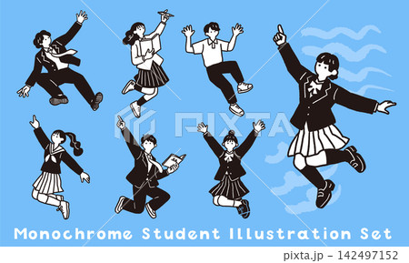 モノクロ線画で描く学生イラストセット 142497152